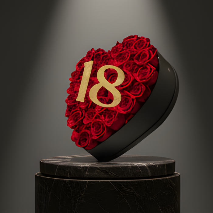 Aranjament floral 18 ani varsta aniversara cu trandafiri din sapun rosii si cifra 3D cu sclipici [11]