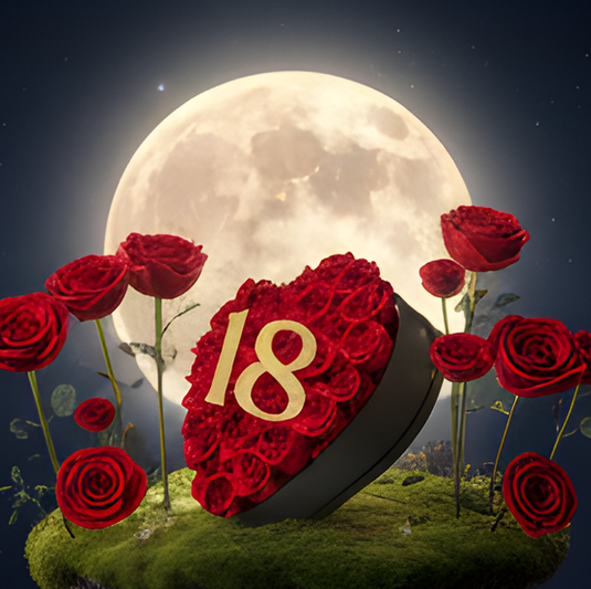 Aranjament floral 18 ani varsta aniversara cu trandafiri din sapun rosii si cifra 3D cu sclipici [5]