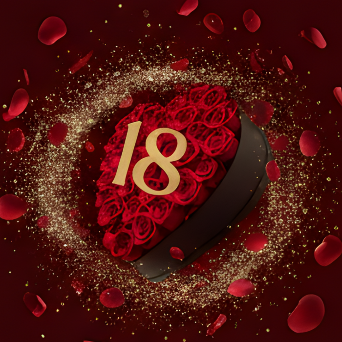 Aranjament floral 18 ani varsta aniversara cu trandafiri din sapun rosii si cifra 3D cu sclipici [8]