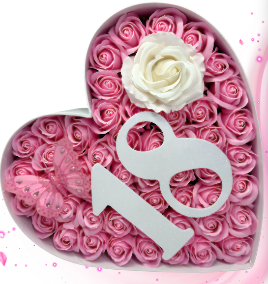 Aranjament floral 18 ani varsta aniversara cu trandafiri din sapun si cifra 3D cu sclipici, fluturas decorativ [2]