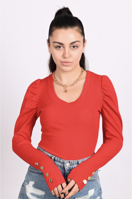 Bluza casual de dama din bumbac tetra rosie, accesorizata cu nasturi si anchior, 9307 [3]