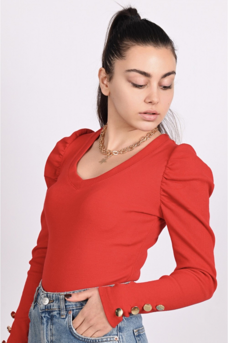 Bluza casual de dama din bumbac tetra rosie, accesorizata cu nasturi si anchior, 9307 [2]