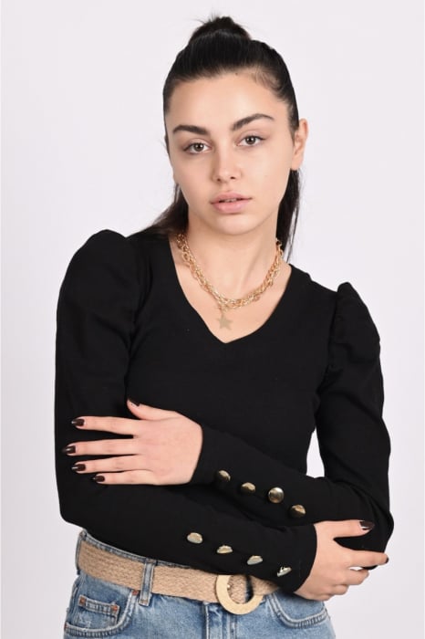 Bluza casual de dama din bumbac tetra neagra, accesorizata cu nasturi si anchior, 9307N [4]