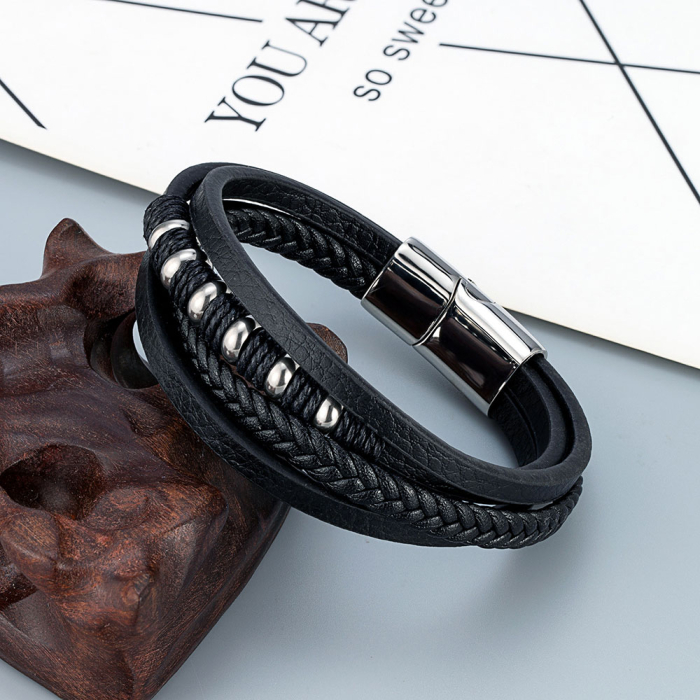 Bratara neagra, Thia Jewelry S.Steel, pentru barbati, din piele, NH-B003-23 [2]