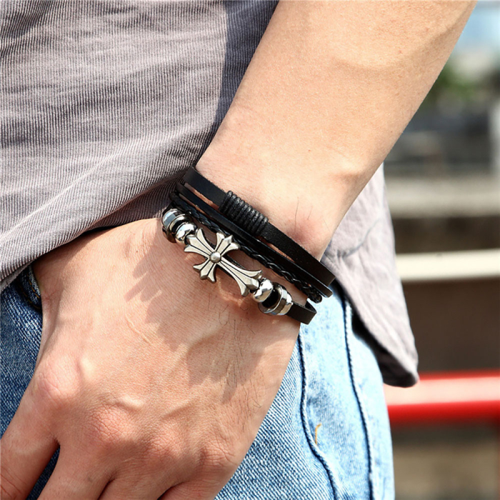 Bratara neagra, Thia Jewelry S.Steel, pentru barbati, din piele, NH-B007-23 [2]