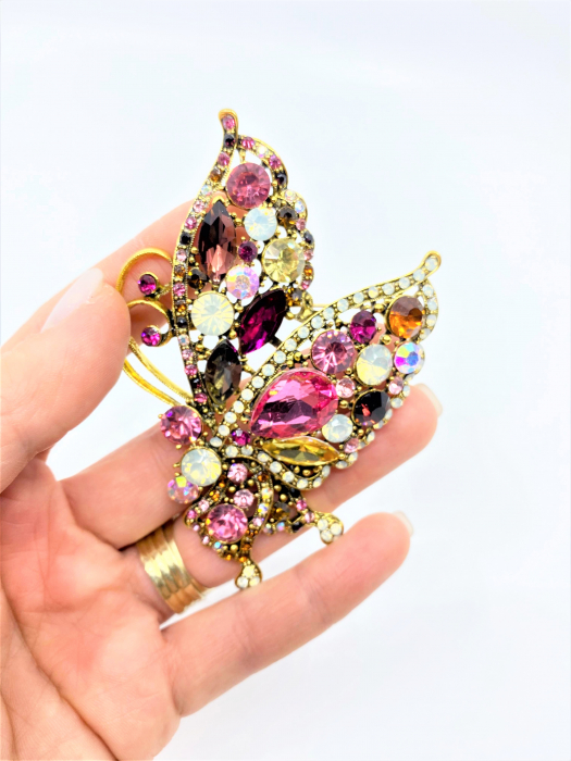 Brosa Fluture auriu cu cristale roz, 7x6 cm, BR1100.05 [2]