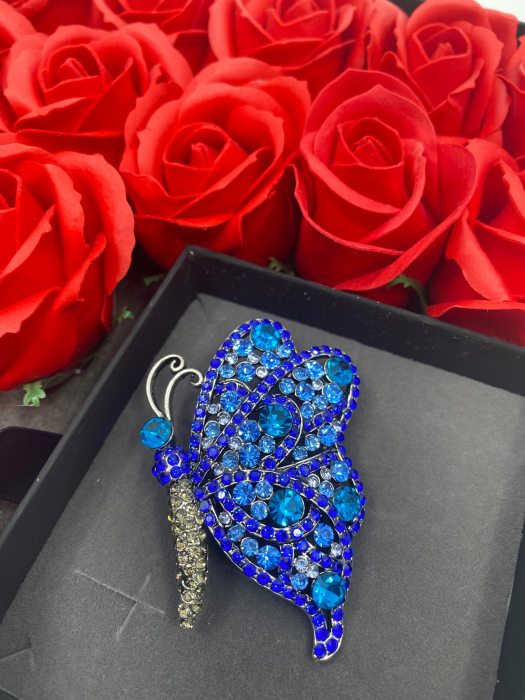 Brosa Fluture cu cristale, albastru, 7x6 cm, BR1100.07