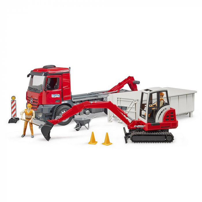 BRUDER - CAMION CU CONTAINER MERCEDES BENZ AROCS SI MINI EXCAVATOR SCHAEFF