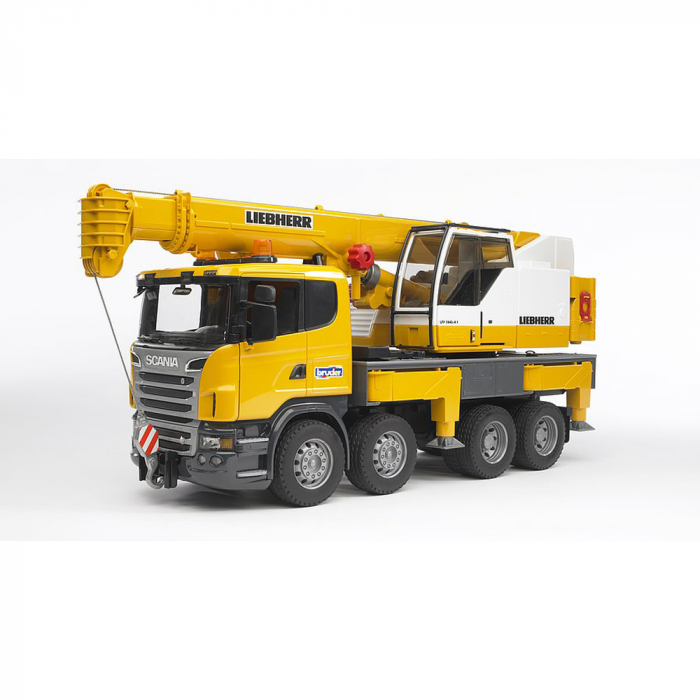 BRUDER - CAMION CU MACARA SCANIA R-SERIES LIEBHERR CU LUMINI SI SUNETE