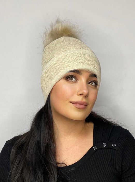 Caciula crem cu sclipici si ciucure pufos, calduroasa, dublata în interior BELLA [2]