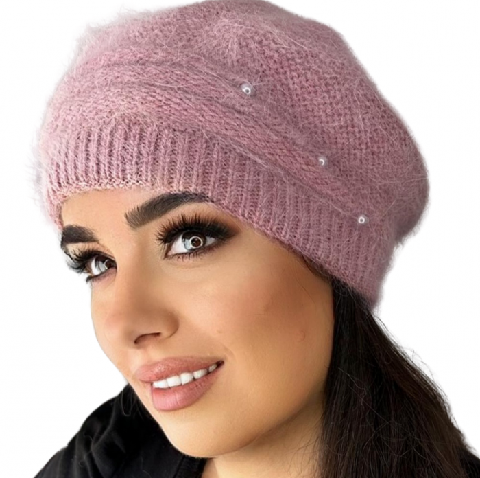 Caciula dama stil bereta CARLA  din angora, pufoasa, marime 58-60, culoare roz [3]