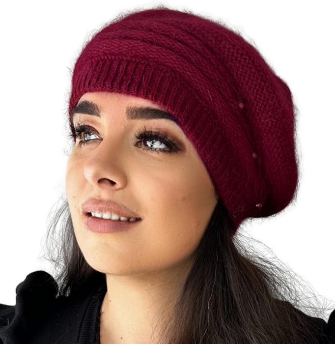 Caciula dama stil bereta CARLA  din angora, pufoasa, marime 58-60, culoare visiniu [2]
