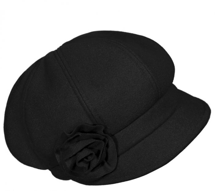 Caciula de dama stil bereta cu cozoroc si floricica 100% lana, marime universala TTS23.03.AP2307 NEGRU Rabionek Polonia [2]