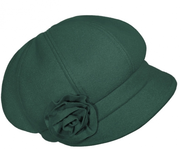 Caciula de dama stil bereta cu cozoroc si floricica 100% lana, marime universala TTS23.03.AP2304 verde Rabionek Polonia [2]