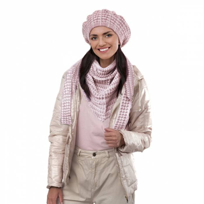 Caciula de dama stil bereta cu fular asortat, marime universala, culoare roz pudra,  KDZ22.01, Polonia [3]