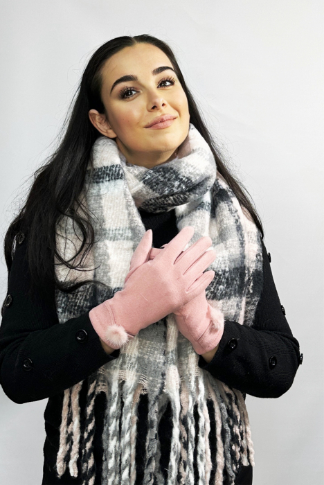 Cadoul perfect de Crăciun - 3 in1 Eșarfă groasa de damă din cashmere, portofel piele naturala roz și mănuși  catifelate  2101P [2]