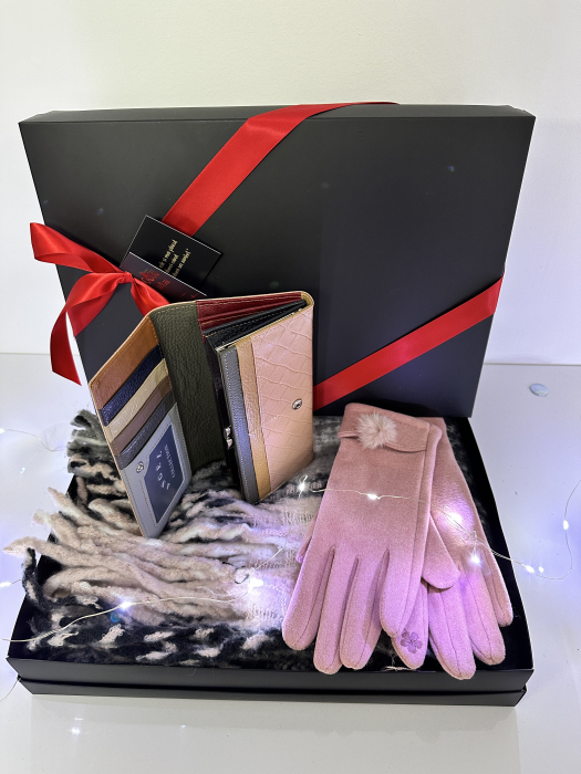 Cadoul perfect de Crăciun - 3 in1 Eșarfă groasa de damă din cashmere, portofel piele naturala roz și mănuși  catifelate  2101P [4]