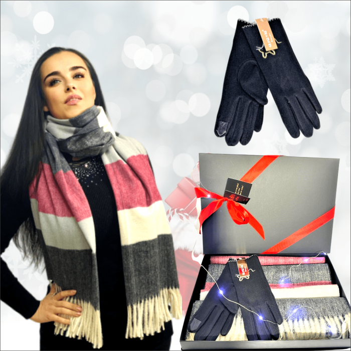 Cadoul perfect de Craciun - Esarfa de dama din cashmere cu lana si vascoza,si manusi din material textil, catifelat, negru cu bordo