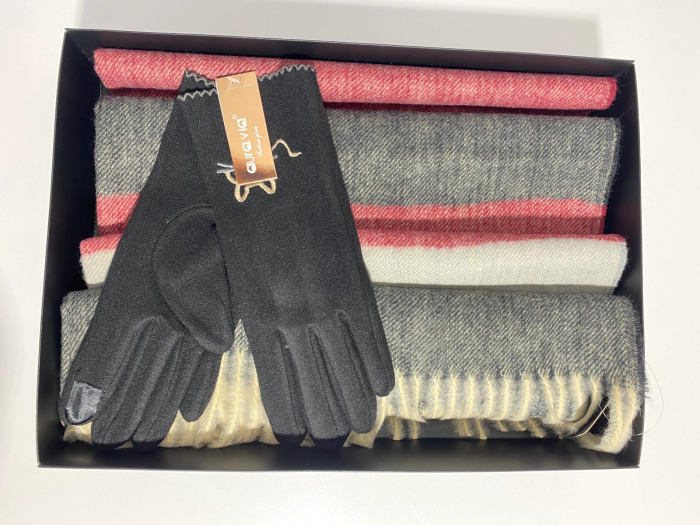 Cadoul perfect de Crăciun - Eșarfă de damă din cashmere cu lână și vâscoză,și mănuși din material textil, catifelat, negru cu bordo [2]
