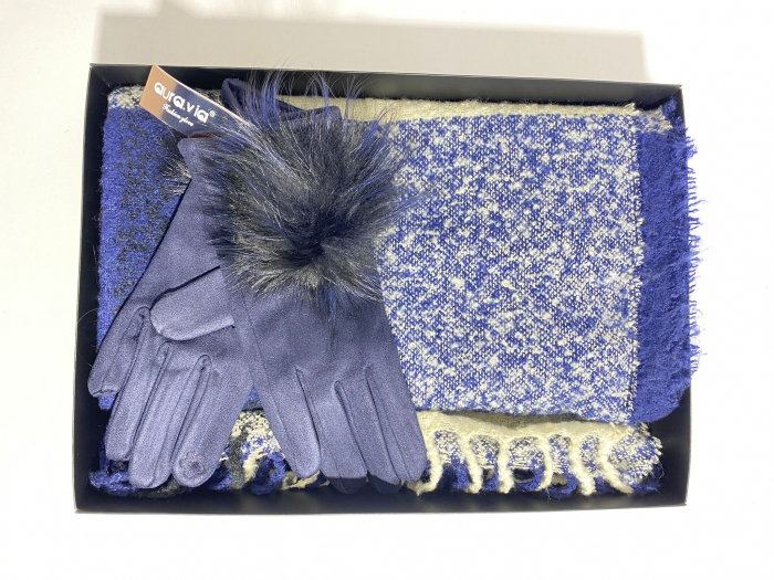 Cadoul perfect de Crăciun - Eșarfă de damă din cashmere cu lână și vâscoză,și mănuși din material textil, catifelat, bleumarin [3]
