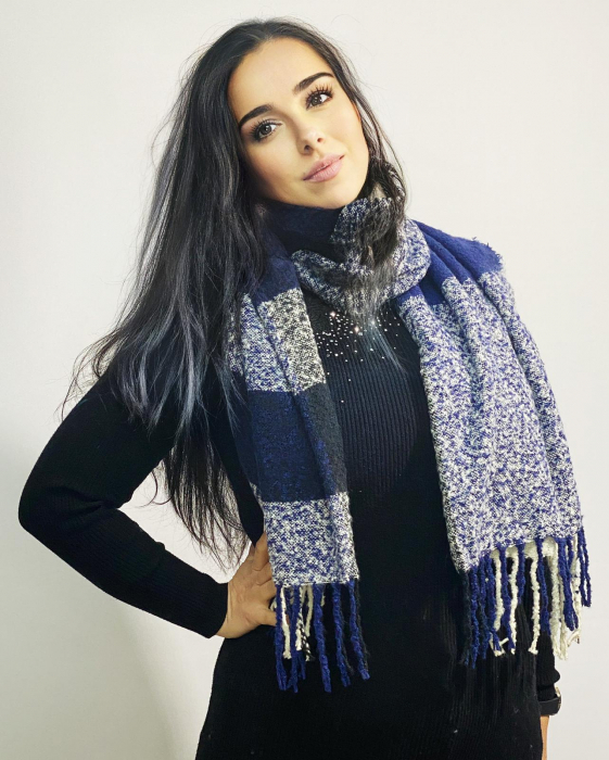 Cadoul perfect de Crăciun - Eșarfă de damă din cashmere cu lână și vâscoză,și mănuși din material textil, catifelat, bleumarin [4]