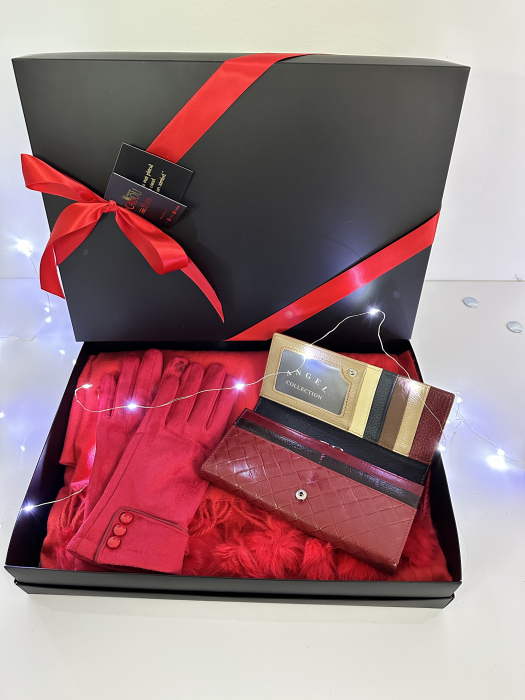 Cadoul perfect de Crăciun - 3 in1 Eșarfă groasa de damă din cashmere, portofel roșu de piele naturala și mănuși  catifelate  5071R [3]