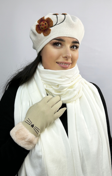 Cadoul perfect de Crăciun - Eșarfă groasa de damă din cashmere și mănuși  catifelate cu blăniță  5707IVR [2]