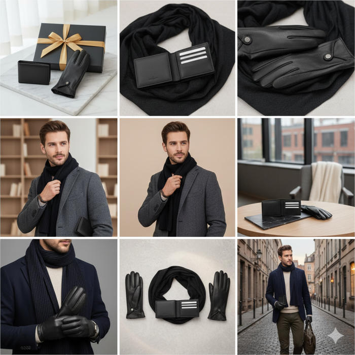 Cadoul perfect de Crăciun  pentru barbati - Portofel din piele naturala, esarfa  eleganta de barbati 30x140cm si manusi din piele,  gri 2322N [5]