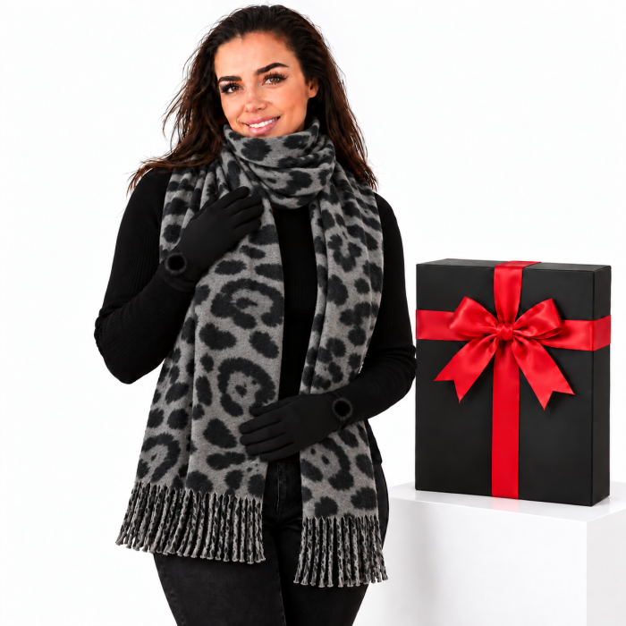 Cadoul perfect de Craciun set 2in1 cu manusi si esarfa animal print gri 2401-8 [3]