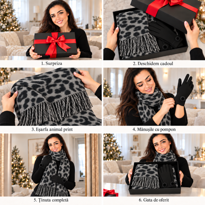 Cadoul perfect de Craciun set 2in1 cu manusi si esarfa animal print gri 2401-8 [4]