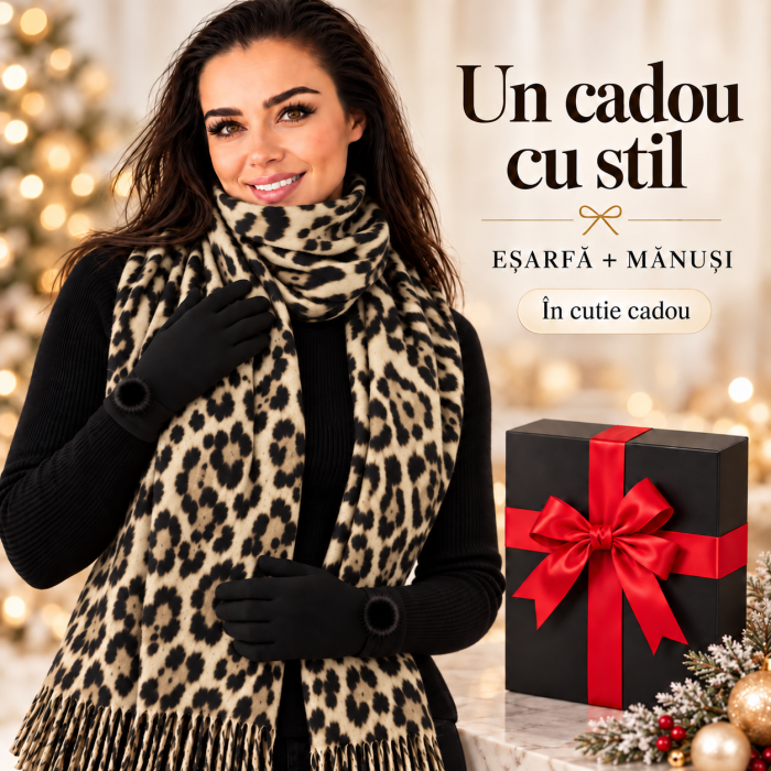 Cadoul perfect de Craciun set 2in1 cu manusi si esarfa animal print bej 2401-9 [2]