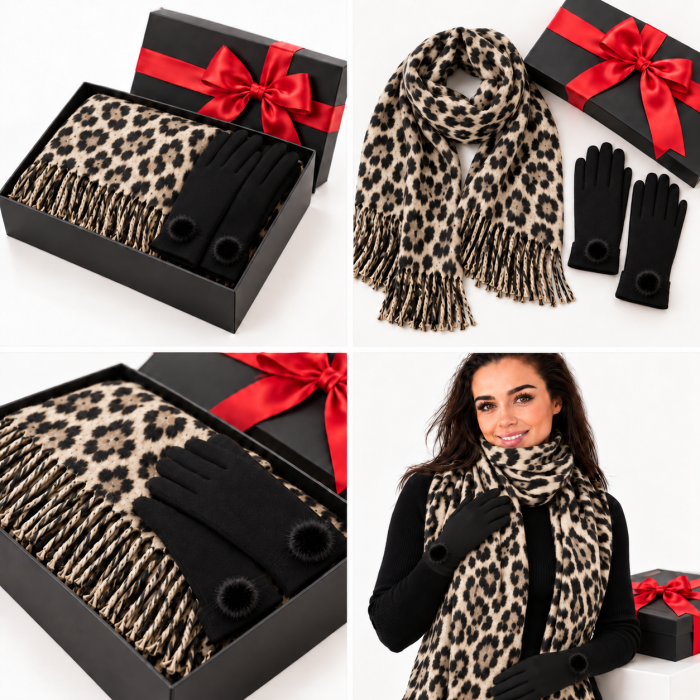 Cadoul perfect de Craciun set 2in1 cu manusi si esarfa animal print bej 2401-9 [3]