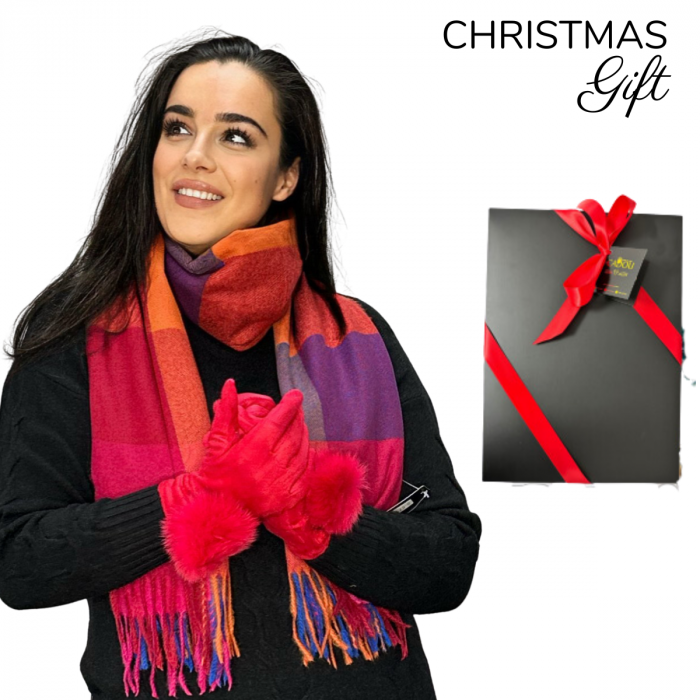 Cadoul perfect de Crăciun - set 2in1 cu manusi si esarfa carouri femei C-5707.21 multicolor [2]