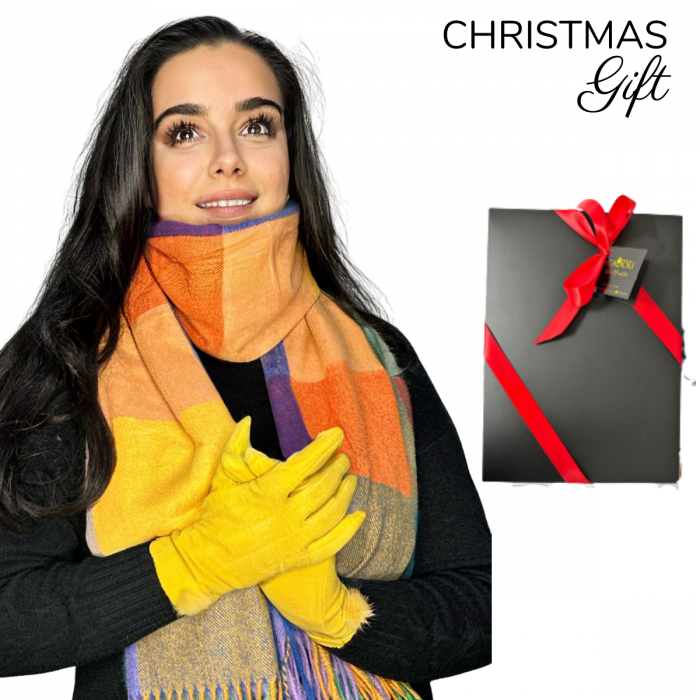 Cadoul perfect de Crăciun - set 2in1 cu manusi si esarfa carouri femei C-5707.24Y multicolor [1]