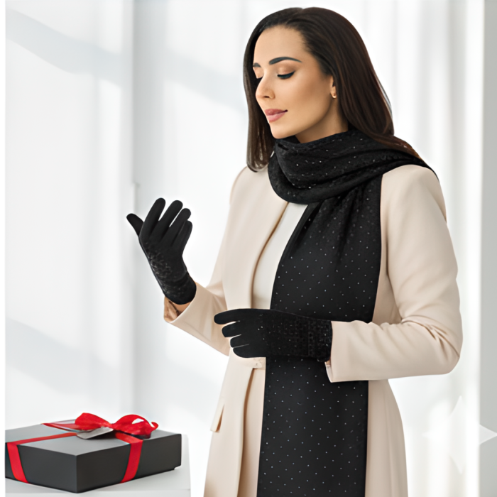 Cadoul perfect de Craciun  set 2in1 cu manusi si esarfa DIAMOND femei D50314 negru [2]