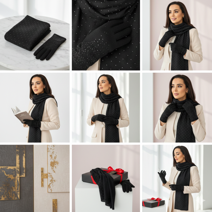 Cadoul perfect de Craciun  set 2in1 cu manusi si esarfa DIAMOND femei D50314 negru [4]