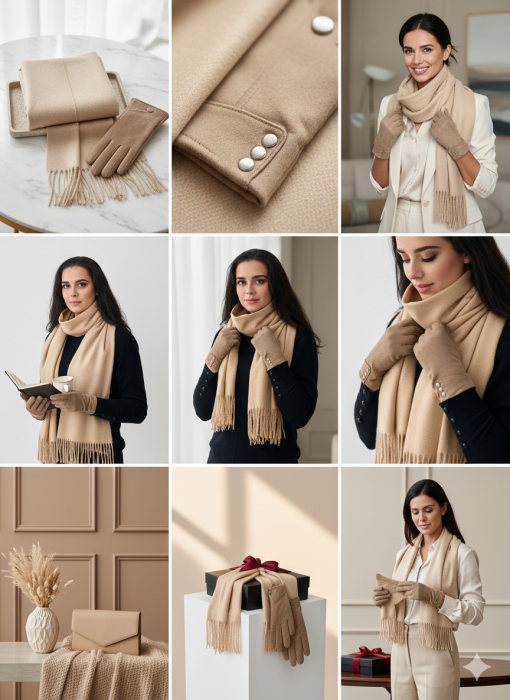 Cadoul perfect de Crăciun - set 2in1 cu manusi si esarfa pentru femei C-5755.02 crem [4]