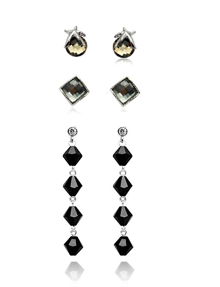 PROMO Set 3 Cercei cristale STAR Black Diamond cu reflexii, placati cu aur 18k