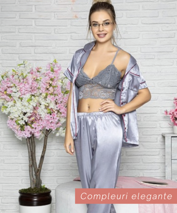 Compleu sexy 3 piese, pijamale cu nasturi din satin gri, 43494 [2]