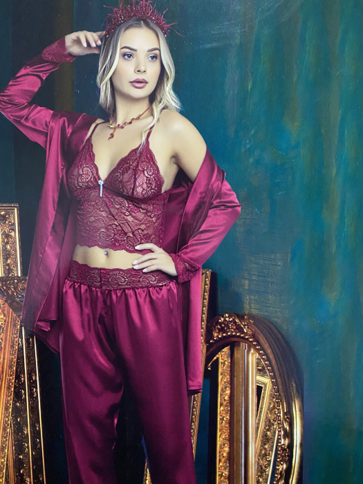 Compleu sexy 3 piese, cu pijamale si halat din satin vișiniu, 1040 [3]