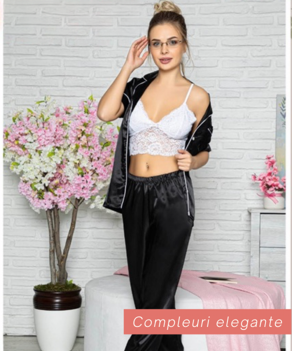 Compleu sexy 3 piese, pijamale cu nasturi din satin negru, 43493 [2]