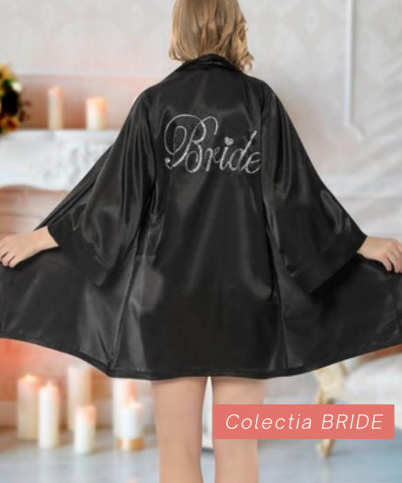 Halat/Capot Mirese, din satin negru, strasuri pe spate cu textul ”Bride” [2]