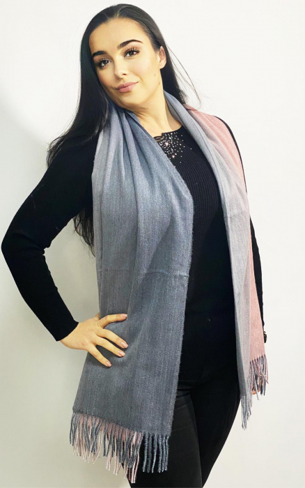 Eșarfă elegantă de damă, lână și vâscoză  70x190 cm, perfectă pentru sezonul toamna-iarnă, un cadou ideal, gri / roz [2]