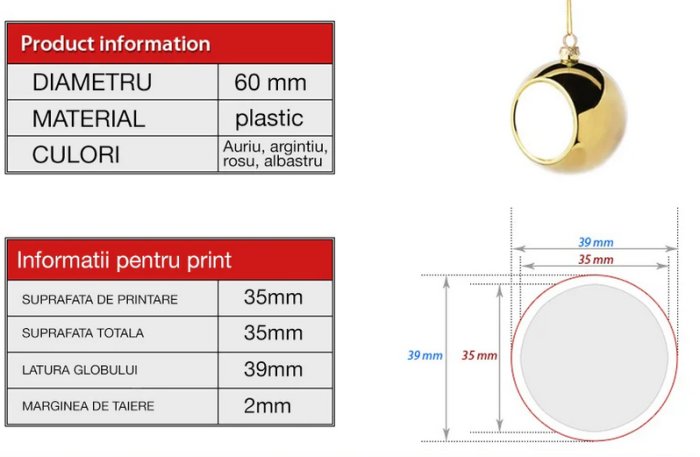 Glob rosu pentru brad  personalizat cu poza Ø 6cm [5]