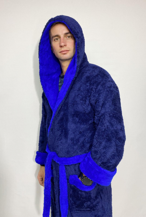 Halat baie cu gluga pentru barbati, buzunare si cordon in talie, design uni, Cocolino Albastru [3]