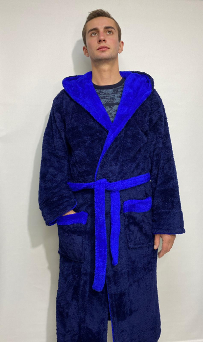 Halat baie cu gluga pentru barbati, buzunare si cordon in talie, design uni, Cocolino Albastru [2]