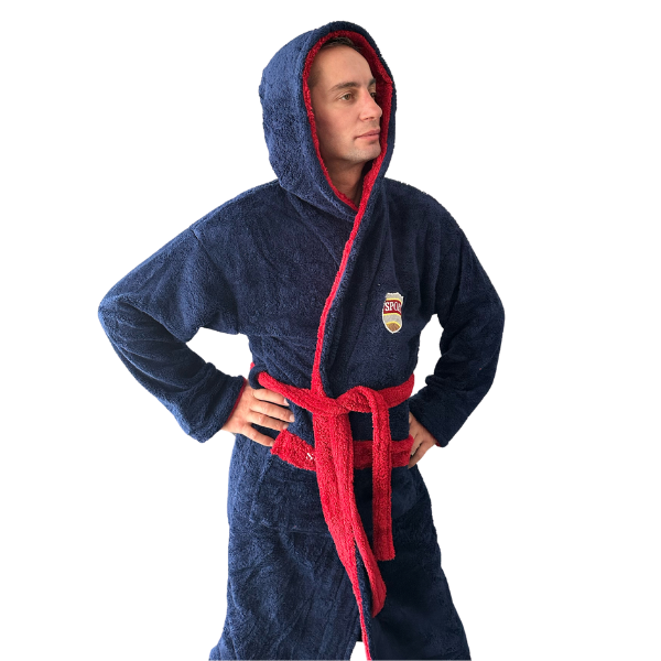 Halat baie cu gluga pentru barbati, buzunare si cordon in talie, design cu insigna, Cocolino BLeomarin/visiniu [2]