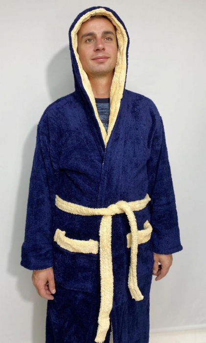 Halat baie cu gluga pentru barbati, buzunare si cordon in talie, design uni, Cocolino Bleomarin [3]