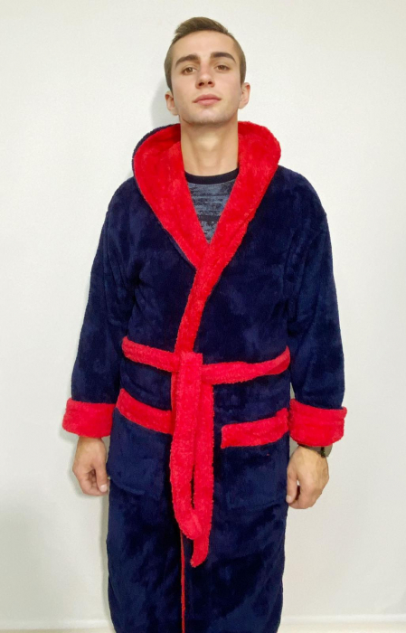 Halat baie cu gluga pentru barbati, buzunare si cordon in talie, design uni, Cocolino Bleomarin si Rosu [2]