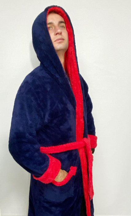 Halat baie cu gluga pentru barbati, buzunare si cordon in talie, design uni, Cocolino Bleomarin si Rosu [3]